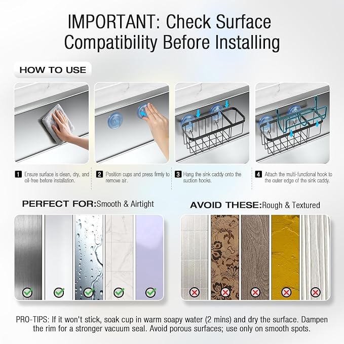 3-in-1 Kitchen Sink Caddy Organizer with Sponge Holder, Brush Holder, Extra Rack for Scrubber, Sink Stopper, Dish Cloth Hanger - Strong Dual Suction Cup, 2.0mm SUS304 Stainless Steel - Black - Image 5
