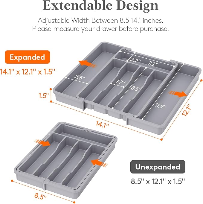 Lifewit Silverware Drawer Organizer, Expandable Utensil Tray for Kitchen, BPA Free Flatware and Cutlery Holder, Adjustable Plastic Storage for Spoons Forks Knives, 8.5-14 x 12", Gray - Image 2