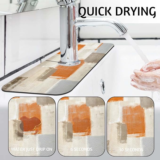 MCALK Orange Kitchen Sink Faucet Mat Splash Guard, Absorbent Quick-Dry Kitchen Sink Mat - Ideal for Splash Guard & Drip Catching with Abstract Art Decor( 1pc 15"x5.5") - Image 2