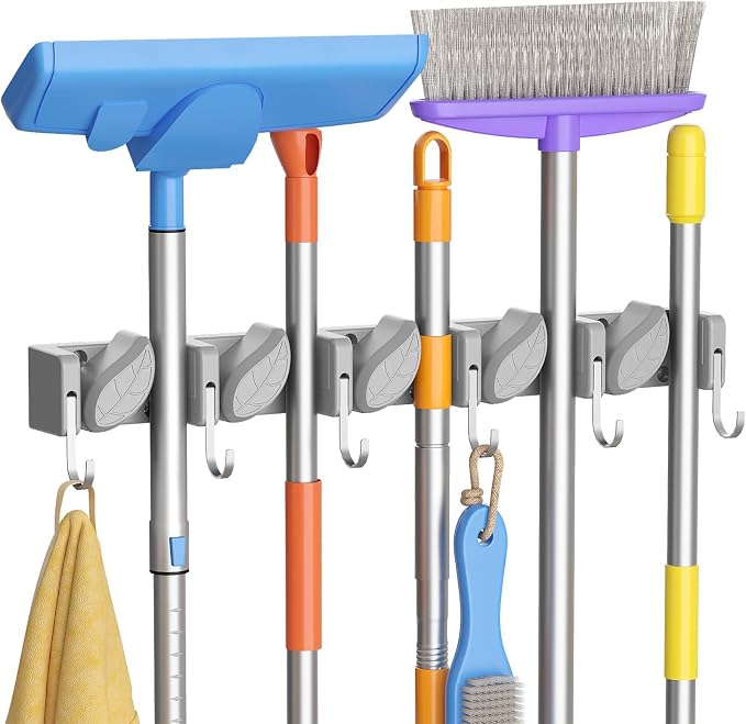 Lifewit Mop and Broom Holder Organzier Wall Mount Non-Slip, 1 Pack, Gray | Easy Install One Handed Push Cleaning Tool Hanger with 6 Hooks 5 Slots, Heavy Duty Hanging Utility Rack for Garden, Garage by Lifewit