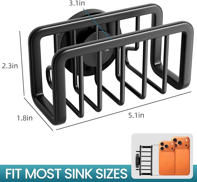 TAILI Rustproof Sponge Holder for Kitchen Sink with Suction Cup-Black | Rustproof Aluminum Sink Caddy for Sponges, Brushes, Stoppers & Scrapers,Removable Ventilated Quick-dry Design, Holds Up 11lbs - Image 3