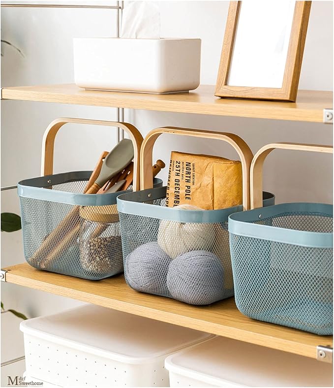 AJIODA Metal Mesh Steel Basket, Storage Organizer Basket Multi-functional Hanging Kitchen Baskets Fruit Basket Bin with Bamboo Handle for Kitchen Bathroom Picnic Shopping Decor Cabinet Home, Blue - Image 8