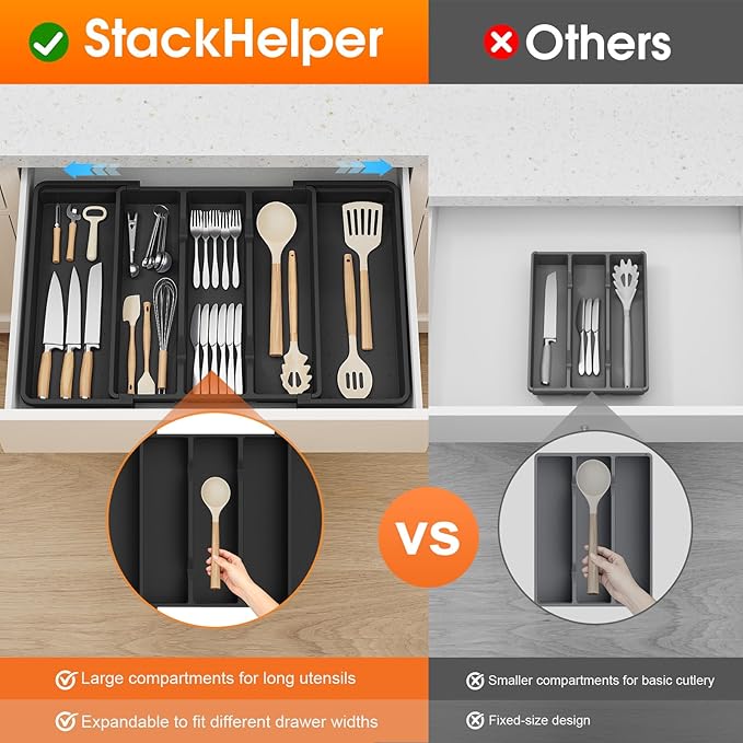 Large Expandable Silverware Drawer Organizer, Utensil Tray | Kitchen Drawer Organizer for Spoons/Forks/Knives, Multipurpose & BPA Free Cutlery Tray(2 Pack, Black) - Image 6