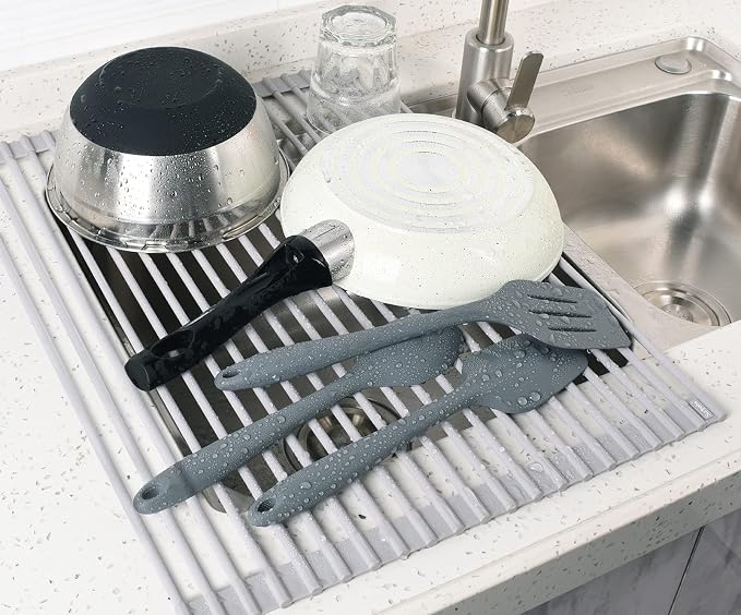20.5 x 15.5 Inch Roll-Up Dish Drying Rack, Fits Across Sink Openings up to 19.5 Inches, Heavy-Duty Premium Silicone, Strong Support, Non-Slip, Heat-Resistant, Warm Gray - Image 3