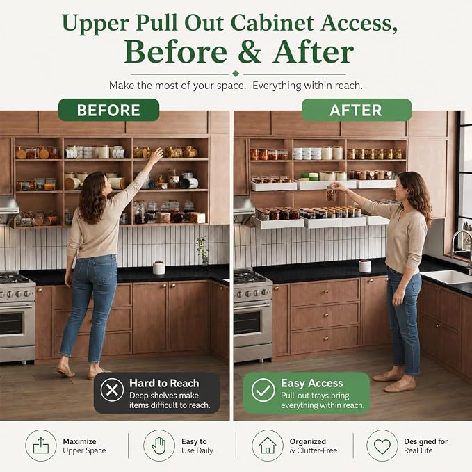 Fokyfok Pull out Cabinet Organizer,Expandable,Upper Cabinet,Kitchen | 18"–25"Wx10"–13"D,No Drill,Pull out Drawers,Cabinet Drawer Slide out,Roll out Shelves,Pantry,Bathroom,Adhesive,Adjustable,1PC - Image 3