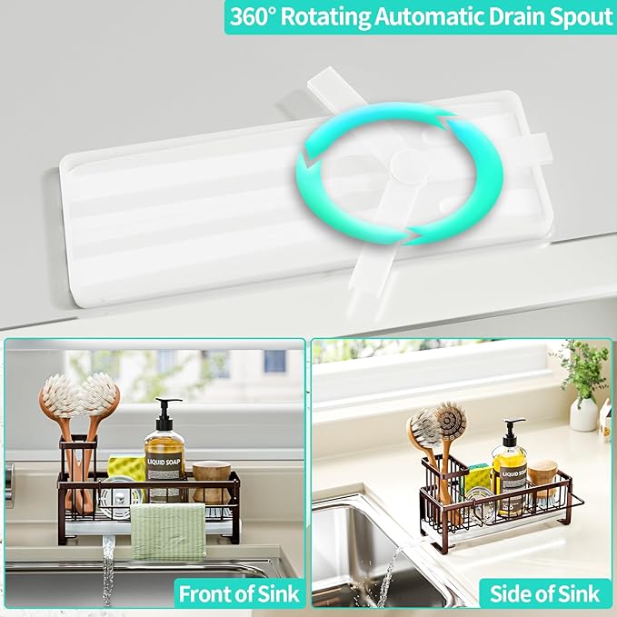 HapiRm Sponge Holder for Kitchen Sink - Self-draining Sink Caddy with Brush and Dishcloth Holders, Stainless Steel Kitchen Organizer for Countertop - Bronze - Image 2