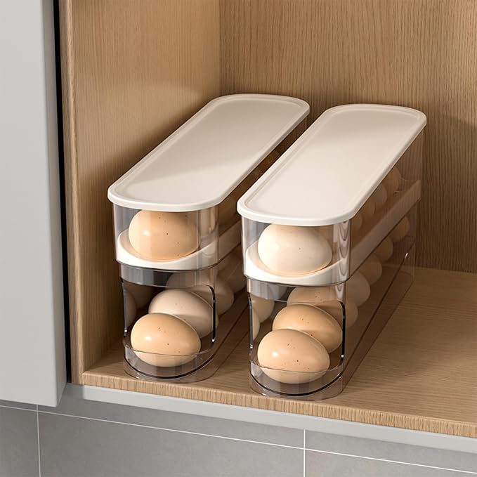 WACOI Auto Rolling Fridge Egg Organizer, Space Saving Eggs Dispenser for Refrigerator Storager with Lid,Egg Holder for Fridge 2 Pack - Image 7