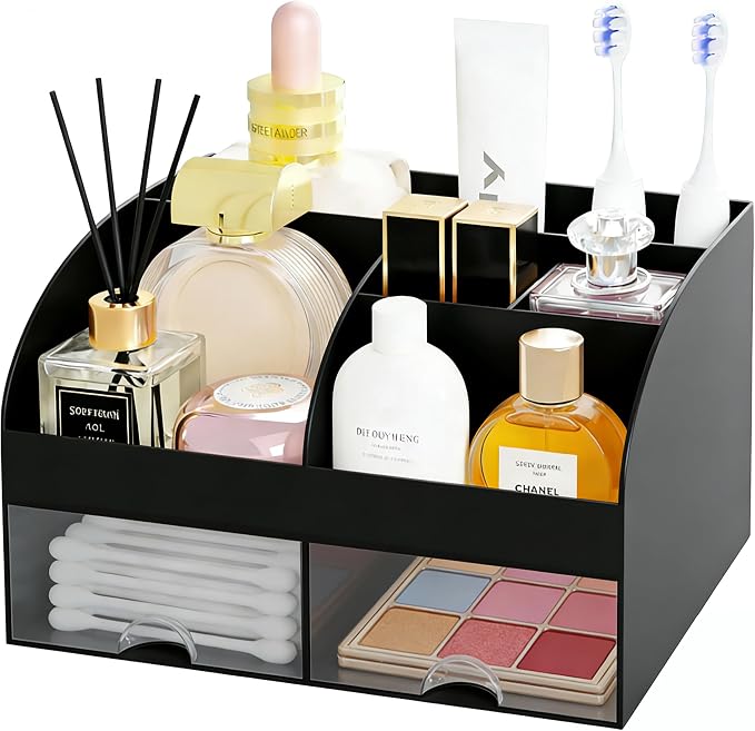 Makeup Organizer with 2 Drawers, Cosmetic Storage for Dresser Vanity and Bathroom Countertop,Make up organization and Skincare Storage with Beauty Brush Holder, Cosmetic Display Case (Black) by DIRZHX
