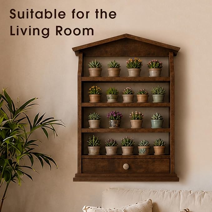 Vintage Farmhouse Wooden Spice Rack Wall Mount – 4-Tier Rustic Kitchen Organizer with Drawer, Holds 24 Small Spice Jars, Decorative Wall Storage Shelf (Dark Brown) - Image 4