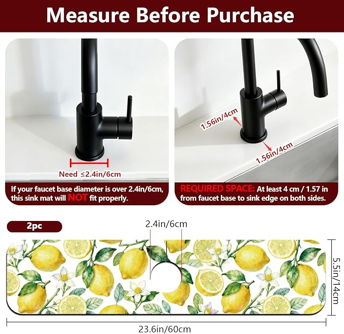2 Pcs Kitchen Sink Splash Guard Faucet Mat Lemon Pattern Faucet Mat for Sinks Fruit Absorbing Drying Mat for Kitchen Bathroom, 23.6x5.5inch - Image 2