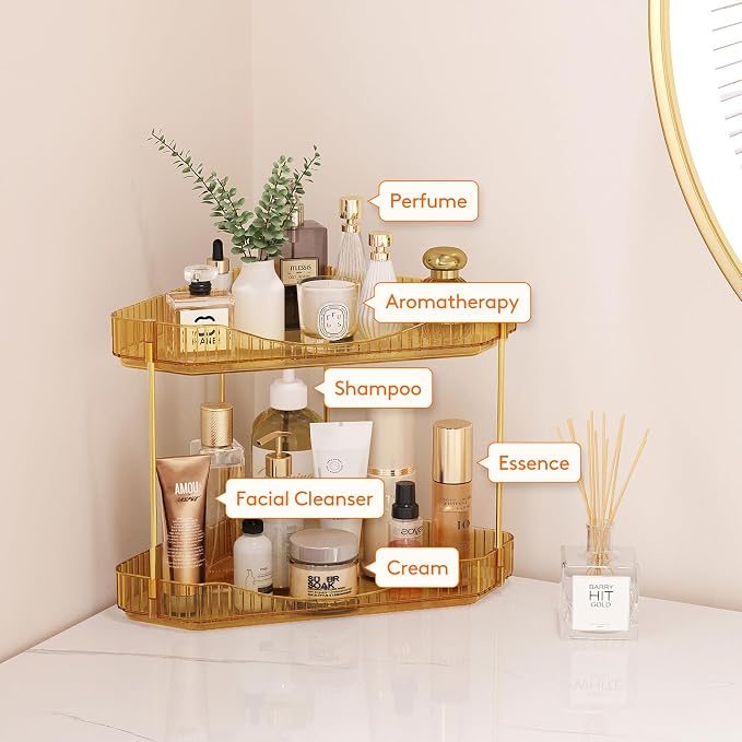 Lifewit 2 Tier Corner Bathroom Counter Organizers and Storage, Golden | Plastic Makeup Skincare Organizers Countertop, Large Sink Cosmetic Perfume Shelf for Bedroom, Dresser, Kitchen, Vanity - Image 5