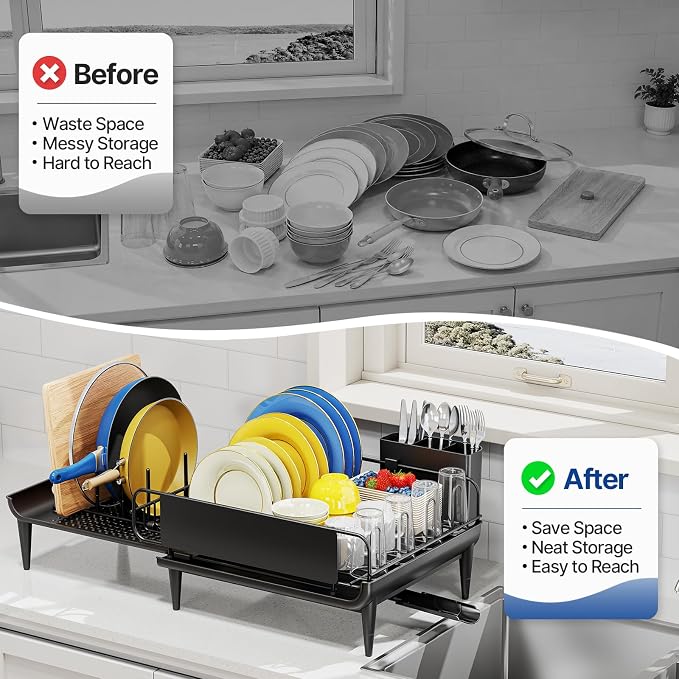 Urackify Expandable Dish Drying Rack with Drainboard for Kitchen Counter | Expands from 16.9 to 26.6 inches to fit more dishes, plates with fast drainage and flexible placement for any sink - Image 8