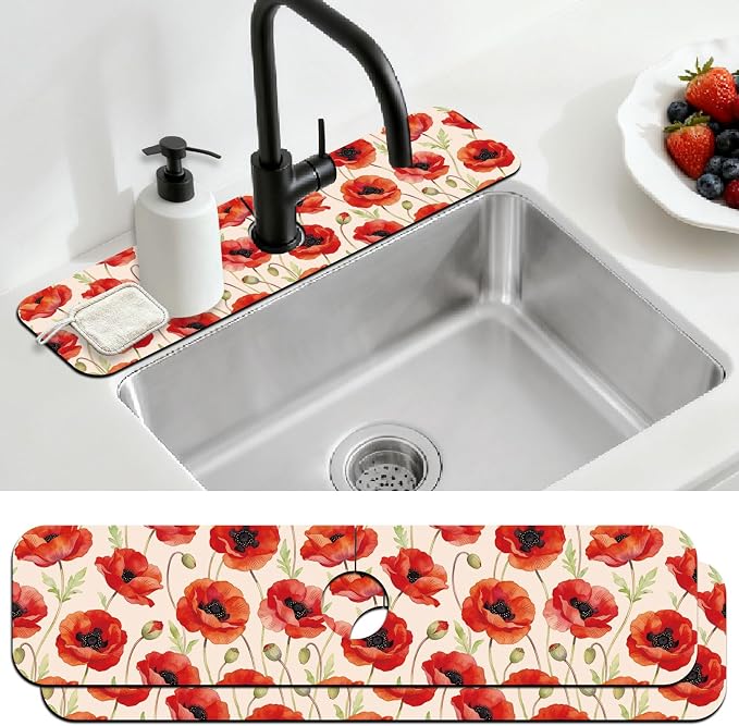 2 Pcs Kitchen Sink Splash Guard Faucet Mat Papaver Rhoeas Pattern Faucet Mat for Sinks Absorbing Drying Mats for Kitchen Bathroom by CONCHLERY%E6%97%97%E8%88%B0%E5%BA%97