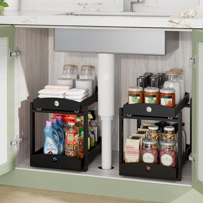 2 Pack Bamboo Under Sink Organizer, 2-Tier Pull-Out Drawers, Kitchen & Bath | Pull-out drawers keep cleaners and tall bottles visible, organized and easy to reach in kitchen or bathroom cabinets - Image 4