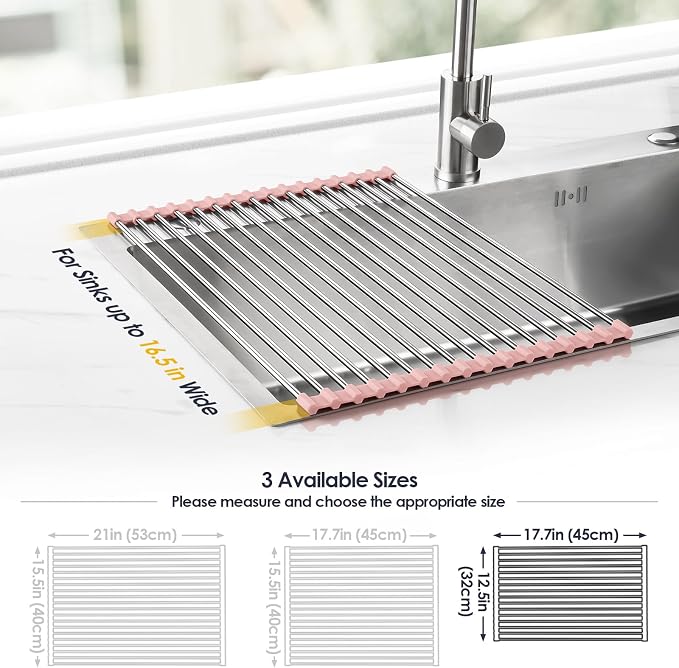 Tomorotec Roll Up Dish Drying Rack Over Sink, 304 Steel, 17.7x12.5, Pink | Anti-Slip Silicone Rims For Grip, Heat-Resistant Trivet Mat Holding Heavy Cookware, Rustproof Kitchen Counter Space Saver - Image 4