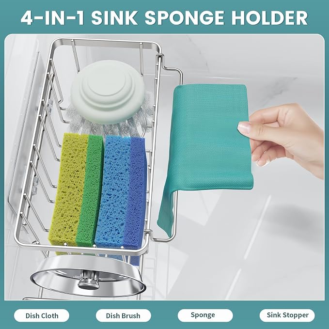4-in-1 Sponge Holder for Kitchen Sink, Sink Caddy Organizers, Silver | Rustproof, Adhesive hook, Suction cups, Kithen Countertop Organizers and Storage - Image 3