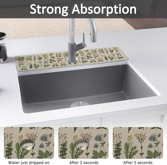 2PCS 24" X 5.5" Kitchen Sink Splash Guard Faucet Mat Floral Super Absorbent Fast Drying Faucet Guard & Draining Mat Sink Splash Guard Behind Faucet for Kitchen, Bathroom - Image 3