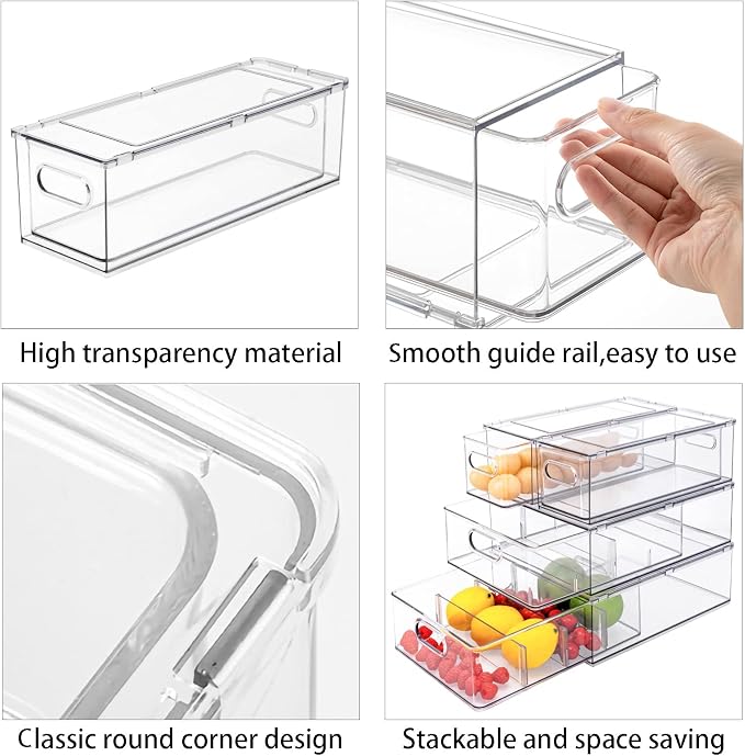 Mano Stackable Fridge Drawers Pull Out Bins with Handle Clear Refrigerator Drawers Organizer Food Storage Container Box with Dividers Plastic Produce Saver for Pantry, Cabinet, Kitchen, Clothes（7Pack） - Image 6