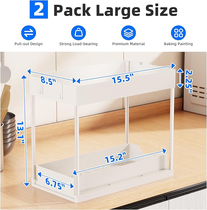Simple Trending Under Sink Organizer 2 Pack, with Sliding Drawer, White | 2-Tier Multi-Use Under Shelf Organizer with Hooks, Sink Pull-Out Sliding Storage Cabinet for Kitchen Bathroom, Easy Assembly - Image 2