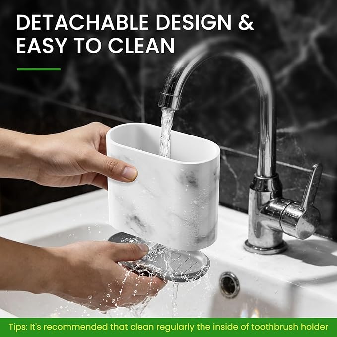 Toothbrush Holders for Bathrooms, Marble, Small, Bathroom Accessories | 2 Slots, Easy to Clean, Plastic, Kids Electric Toothbrush, Drainage, Removable, For Bathroom, Vanity, Kitchen Sink, Office - Image 3