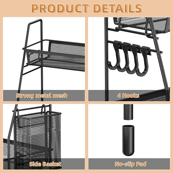 VITVITI 2 Tier Bathroom Countertop Organizer, Vanity Storage Shelf, Black | Bathroom Counter Organizer, Vanity Makeup Tray Shelf, Kitchen Spice Rack, Metal Wire Mesh, with Basket Hooks - Image 5