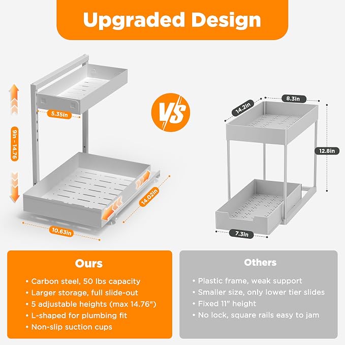 TATAANTY Under Sink Organizer 2 Pack, 2 Tier Metal Under the Sink Storage, Heavy Duty Slide out Pull out Cabinet Organizer, Height Adjustable for Kitchen Bathroom Pantry Closet Organization Rack - Image 3