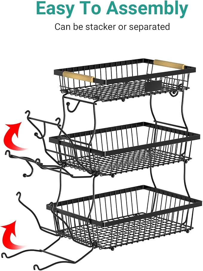 3 Tier Fruit Basket for Kitchen Counter with 2 Banana Hangers, Countertop Metal Fruit Bowl with Wooden Handle, Large Storage Stand for Vegetables, Snacks, Breads, Produce Storage – Black - Image 4