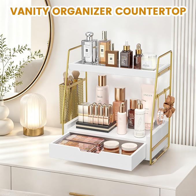 2-Tier Bathroom Counter Organizer with Drawer, Wood Counter Storage Shelf | Bathroom Vanity Organizer Countertop for Makeup, Skincare, Perfume, with Removable Basket, 13.4" x 7.9" x 14.5", White Gold - Image 5