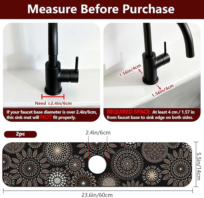 2 Pcs Kitchen Sink Splash Guard Faucet Mat Mandala Pattern Faucet Mat for Sinks Leaves Absorbing Drying Mat for Kitchen Bathroom, 23.6x5.5inch - Image 2