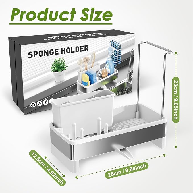 Ewaiira Stainless Steel Sink Caddy, Sponge Holder for Kitchen Sink 9.8″ | with Brush Holder & Dishcloth Rack, Rustproof Organizer Countertop, Soap Kitchen Organizers Storage Essentials, White - Image 2