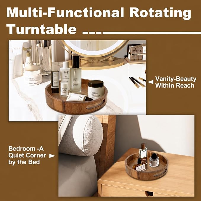 Wooden Lazy Susan – 10 in Acacia Wood Turntable Organizer for Cabinet，Multi-Purpose Home Decor Rotating Tray for Bathroom Accessories, Bedroom Makeup Organizer & Countertop Storage - Image 4