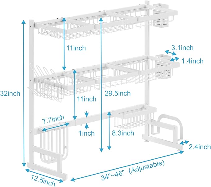 PUSDON Over Sink Dish Drying Rack Stainless Steel, Adjustable Large Dish Drainer for Storage Kitchen Organization White 3 Tier - Standard(34"-46") - Image 6