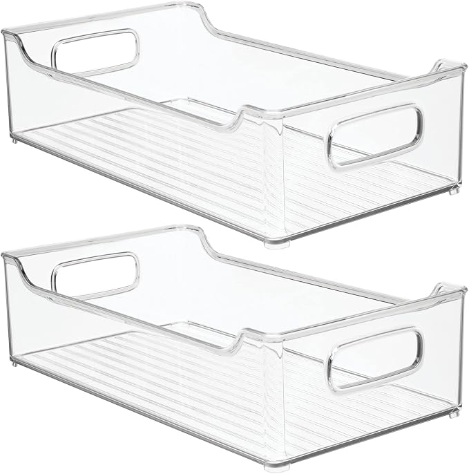 mDesign Wide Plastic Kitchen Storage Container Bins with Handles -Organization in Pantry, Cabinet, Refrigerator or Freezer Shelves - Food Organizer for Fruit, Yogurt, Squeeze Pouches - 2 Pack - Clear - Image 9