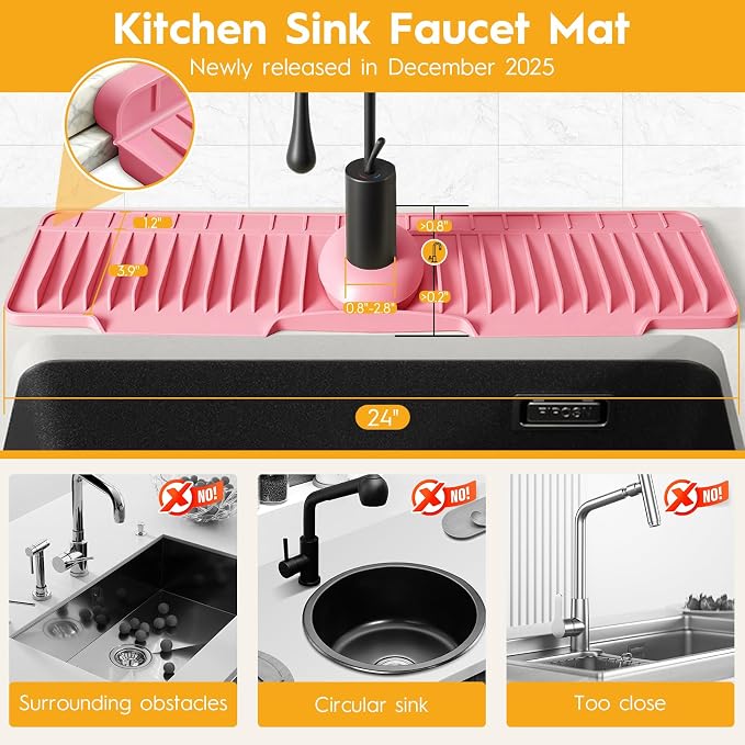 24" Silicone Faucet Mat for Kitchen Sink of The Lastest, Pink | 8° Slope Fast Self-draining, Kitchen Sink Water Splash Guard, Behind Faucet Draining Mat, for Bathroom Kitchen Sink Area - Image 2