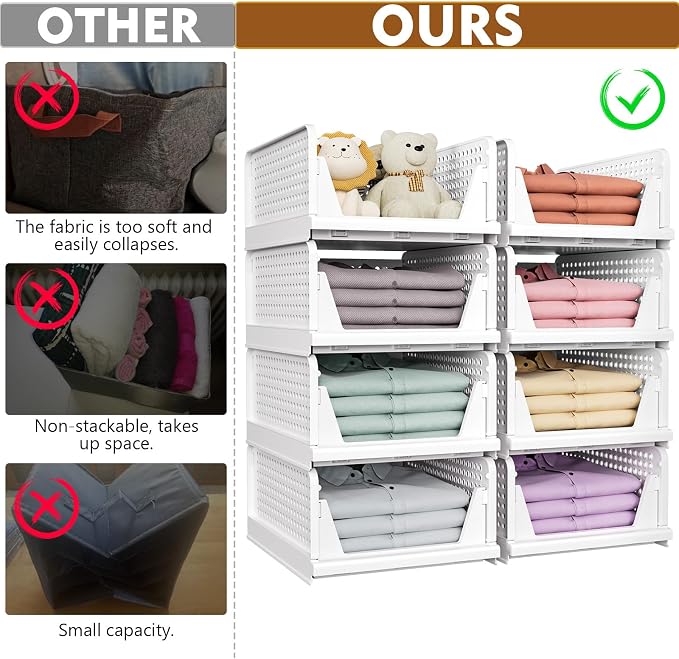 8 Pack Closet Organizers and Storage, Stackable & Foldable Closet Bins | Closet Storage Basket for Bathroom, Kitchen, Laundry Room, Drawer Shelf & Wardrobe Storage, Space-Saving Design, White - Image 2