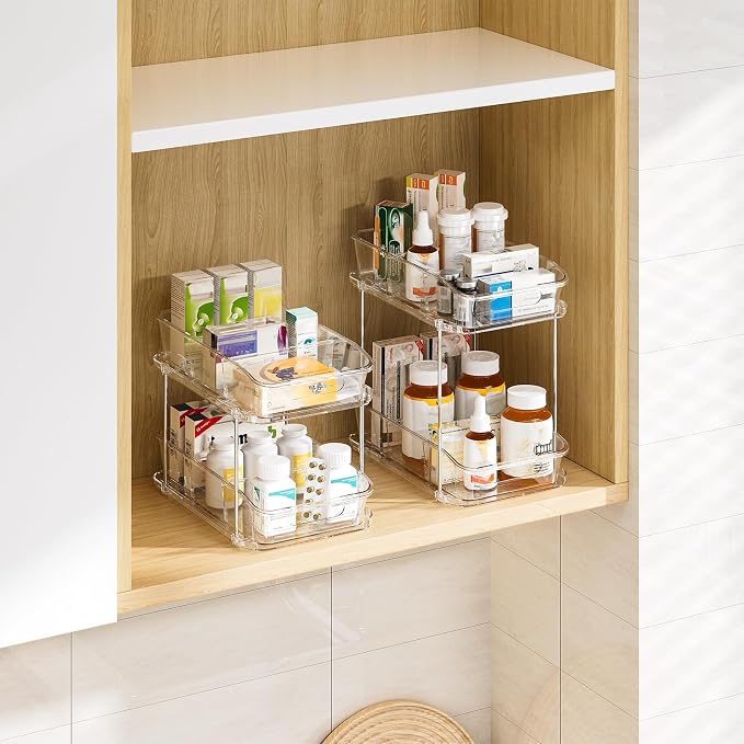 Delamu Bathroom Under Sink Organizers and Storage, 2 Pack, Clear | 2-Tier Multi-Purpose, Stackable, Pull Out Cabinet Kitchen Pantry Organization and Storage with Dividers - Image 8