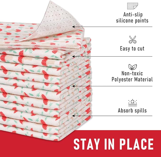 Cooyes 12 Pack Cloth Shelf Liners for Kitchen Cabinets, 17.7" × 36", Non-Slip Refrigerator Liners Machine Washable, Crisper Drawer Mats for Glass Shelves and Freezers, (Red Mushroom) - Image 3