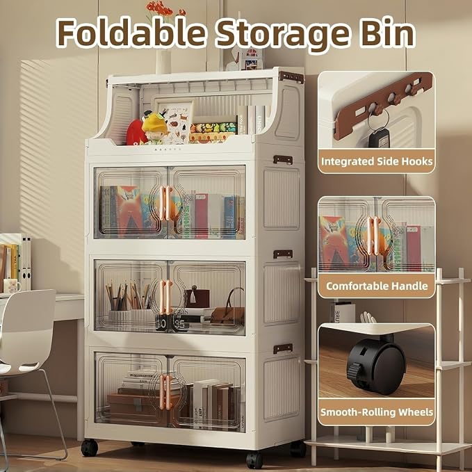 174QT Stackable Storage Bins with Lids & Rack, 4 Tier Large Capacity Foldable Storage Cabinet, Clear Collapsible Pantry Organizer for Home, Kitchen, Bathroom, Dorm, Office - Image 4