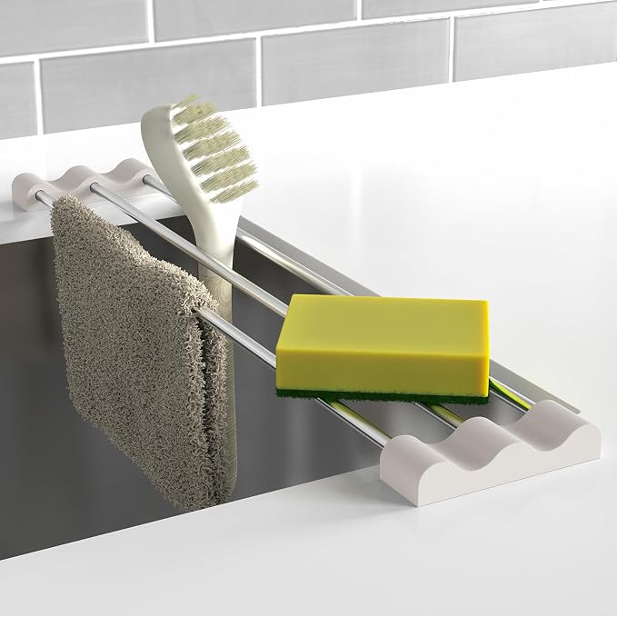 Tomorotec Adjustable Over-The-Sink Kitchen Rack, BPA-Free, White | Holds 16.5 Lbs; For Dishcloths, Sponges, and Brushes - Heat-Resistant Stainless Steel with Slim, Expandable Design by Tomorotec