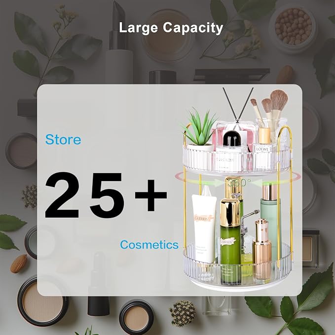 360 Rotating Makeup Organizer - Large Capacity Spinning Perfume & Cosmetic Skincare Holder for Countertop (Pearl White, 2 Tier) - Image 6