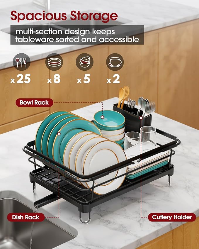 Sakugi Dish Drying Rack in Sink - Expandable Stainless Steel Dish Rack Over The Sink, Kitchen Sink Drain Strainer with Cutlery Holder & Cup Holders, 15.2 x 10.0 x 4.2 Inch, Black - Image 5