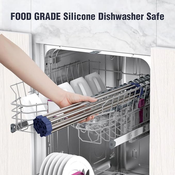 Tomorotec Roll Up Dish Drying Rack Over Sink, 304 Steel, 17.7x12.5, Indigo | Anti-Slip Silicone Rims For Grip, Heat-Resistant Trivet Mat Holding Heavy Cookware, Rustproof Kitchen Counter Space Saver - Image 6
