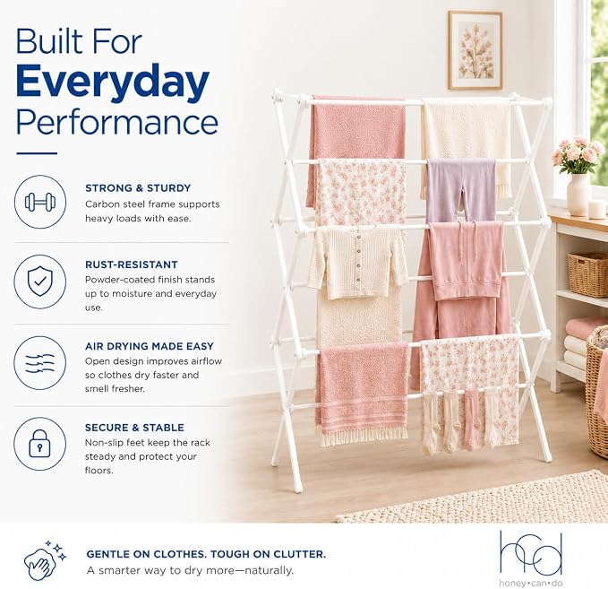 Honey-Can-Do Oversized Clothes Drying Rack, Extra-Wide 35", 50 lb, White | Fits family-size loads of towels, jeans & hoodies; rust-resistant coated steel; folds flat; indoor/outdoor; energy-saving - Image 5