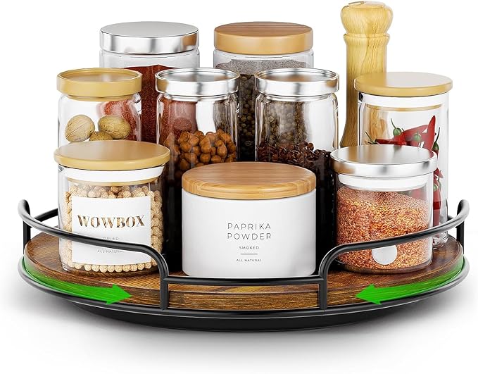 WOWBOX 9" Wood Lazy Susan Turntable Organizer for Cabinet, Pantry & Counter | Smooth 360° Rotation, Space-Saving Wooden Organizer for Spice Jars, Kitchen, Bathroom, Vanity & Tabletop by WOWBOX