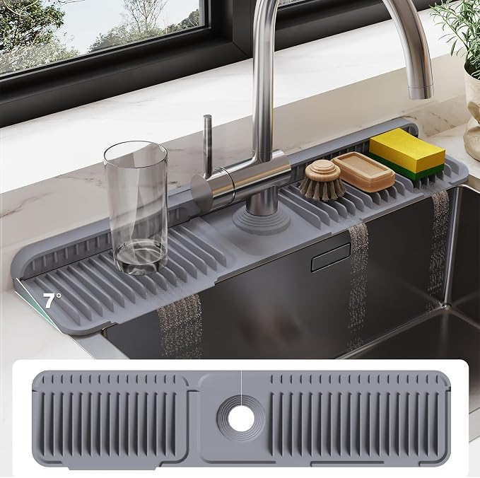 24-Inch Silicone Faucet Mat for Kitchen Sink Splash Guard, 7° Slope | 24"x5.5" water draining mat with fasten button; 1.6-2.75" customizable hole for bathroom, RV & kitchen sink drip catcher. by Doeklpo