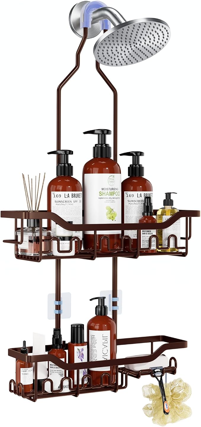 Upgraded Extended Length Shower Organizer with Hooks, Rustproof Shampoo Soap Holder, Large Hanging Bathroom Caddy, Brown by Joqixon