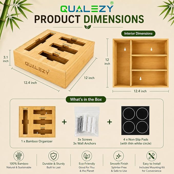 Bamboo Storage Bag Organizer for Drawer | 4-in-1 Baggie Organizer, Kitchen Drawer, Wall Mount & Countertop, Gallon, Quart, Sandwich & Snack, Engraved Labels - Image 9