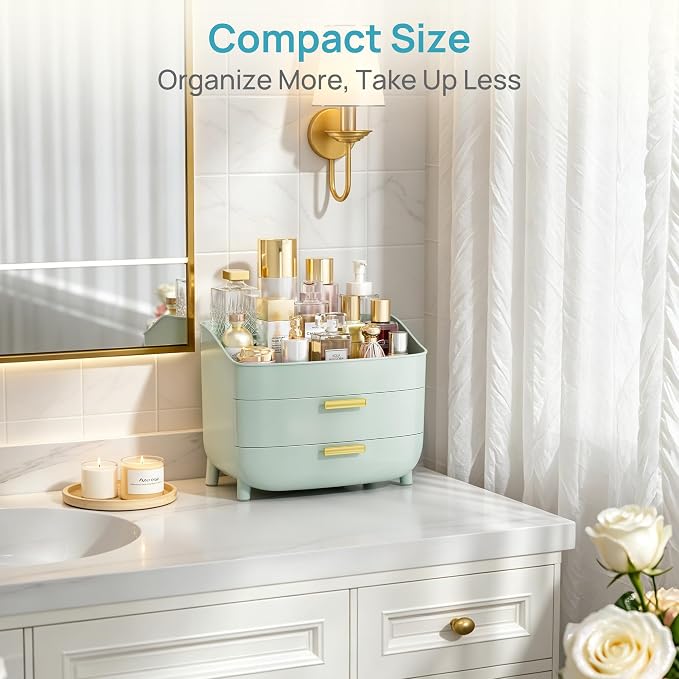 Vtopmart 3-Tier Skincare Makeup Organizer with Drawers, Green | For Vanity and Bathroom Countertop, with Drawers, Large Cosmetic Storage Box Case, , Non-Slip Base - Image 5