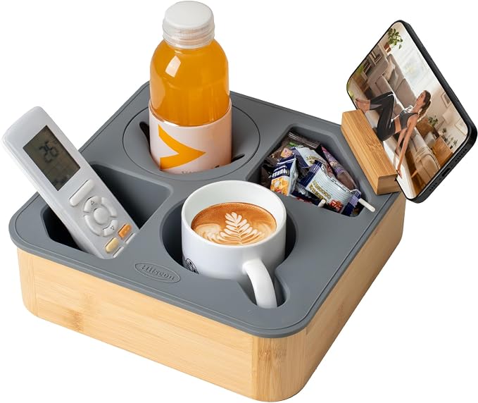 Couch Cup Holder Tray, Bamboo Couch Caddy with Rotatable Phone Holder for Bed Organizer, Waterproof Anti-spill Sofa Cup Holder for Snacks Beverage Remote Grey by Hitseon