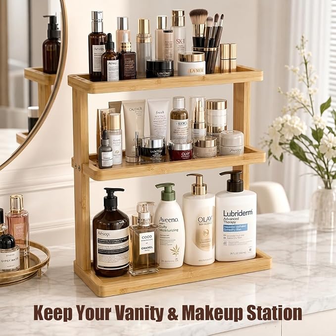 PEKER Bamboo Bathroom Organizer Countertop – Vanity Storage Shelf for Makeup, Perfume, Skincare – Natural Cosmetics Display Rack for Dresser, Sink, Kitchen – Natural - Image 8